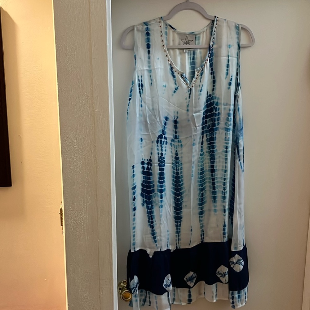 Area Star Breaded Boho Dress, NWOT, Blues & white with multi color beading